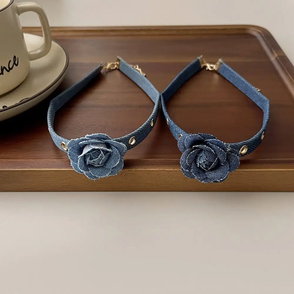 Big Rose Flower Trend Choker Denim Necklace Adjustable Clavicle Chain Y2K Style Collarbone Chain Women Jeans Cloth Necklace