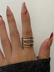 Peri'sbox Statement 3 Splicing Colors Irregular Woven Winding Hollow Rings for Women Men 316L Stainless Steel Waterproof Jewelry