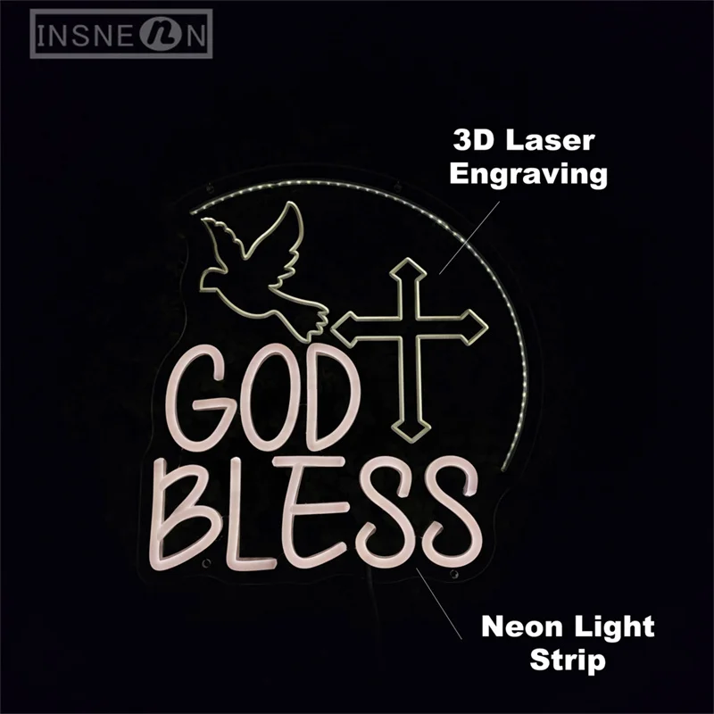 Неоновая вывеска God Bless, 3D гравировка, Настенный декор, неоновая вывеска, подсветка для дома, неоновая вывеска для фотографий, подарки USB