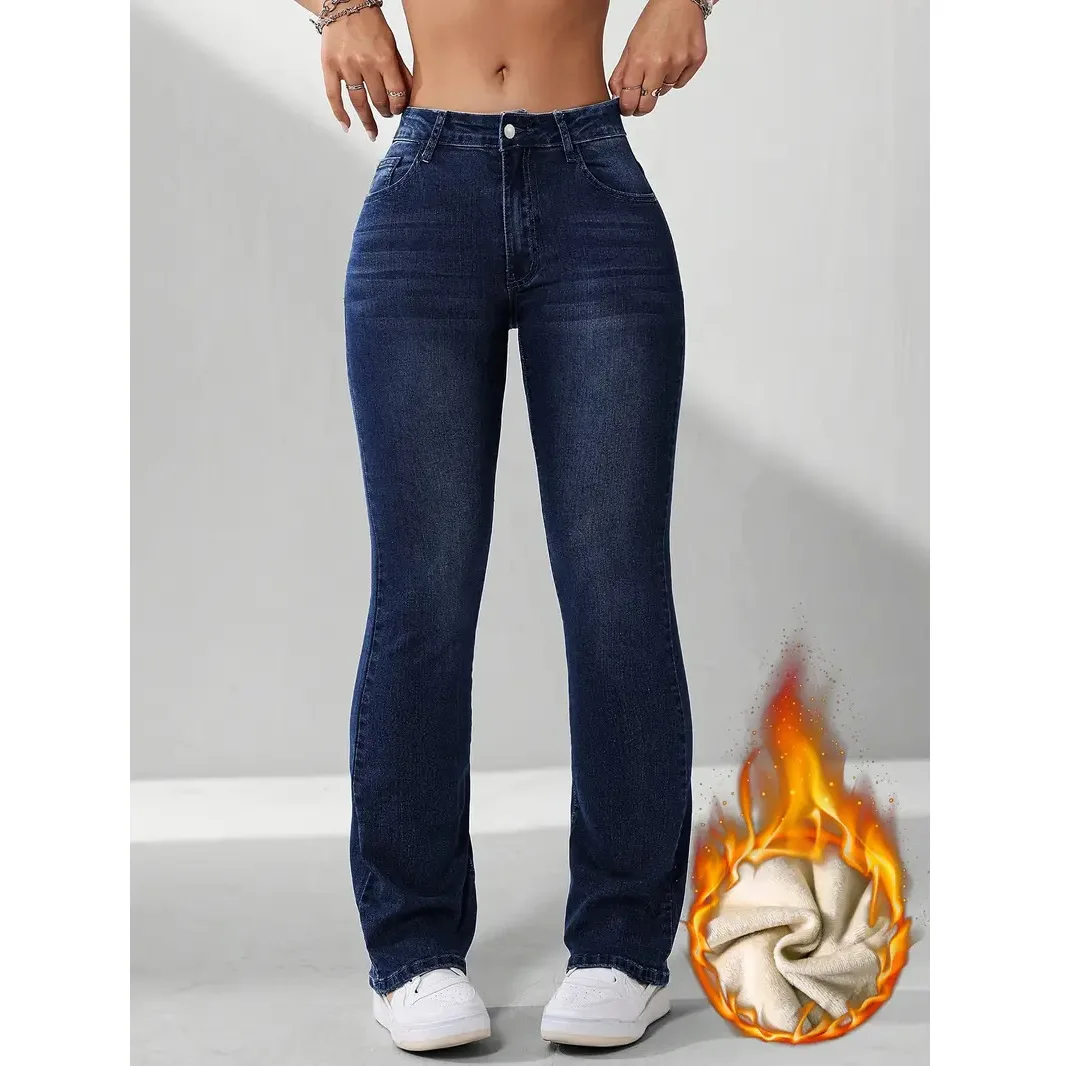

Флисовые джинсы, женские синие джинсовые повседневные брюки с эластичным рогом, джинсовые хлопковые брюки с узором, брюки большого рога