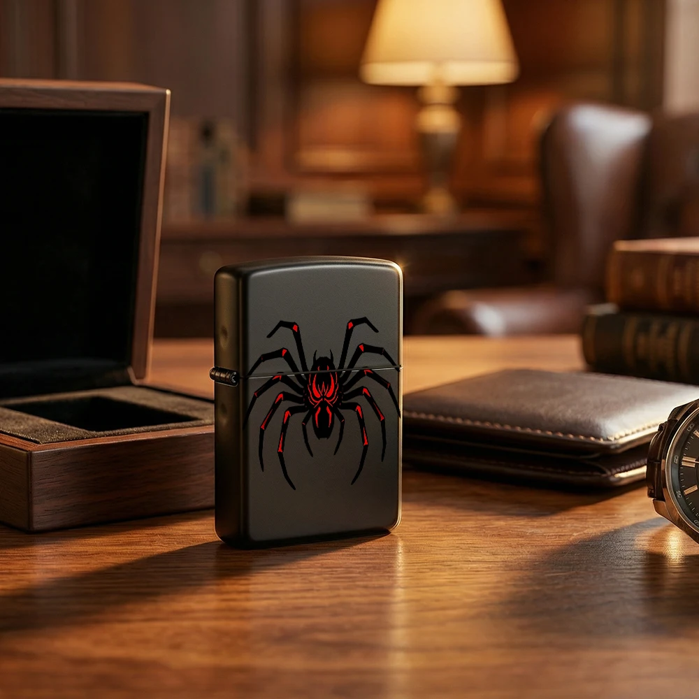 Gothic  Style Flip Top Lighter, Black And Red Spider Creature Art Print, For Collection & Daily Use