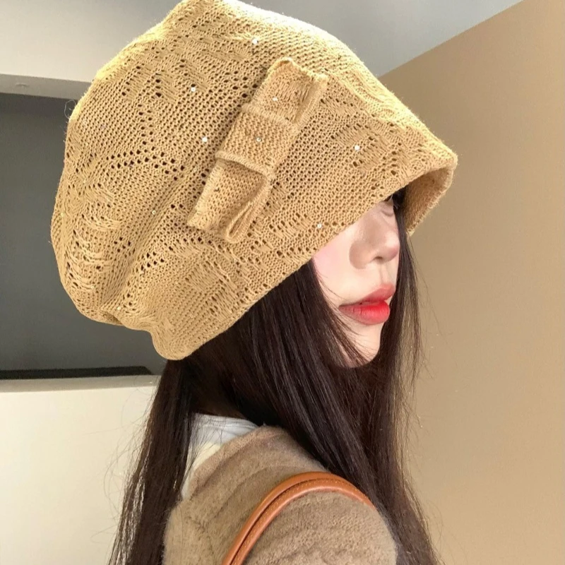 Koreanischer Stil Schleifen-Pailletten-Pullover-Mütze für Damen, Sommer und Herbst, dünn, atmungsaktiv, locker, für große Köpfe, Skull-Beanie-Kappen – Detail 2