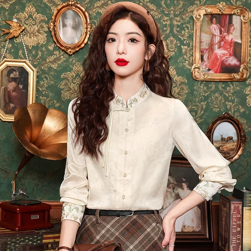 

Satin Chinese Style Blouses for Women, Embroidery, Loose Silk, Vintage Clothing, Long Sleeves, Spring, Summer 2024 Korean