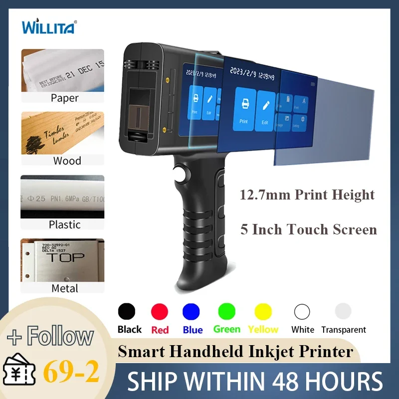 Willita 12.7mm Portable Handheld Inkjet Printer for Batch Number Barcode QR Code Logo Textile Hand Printer Label Coding Machine