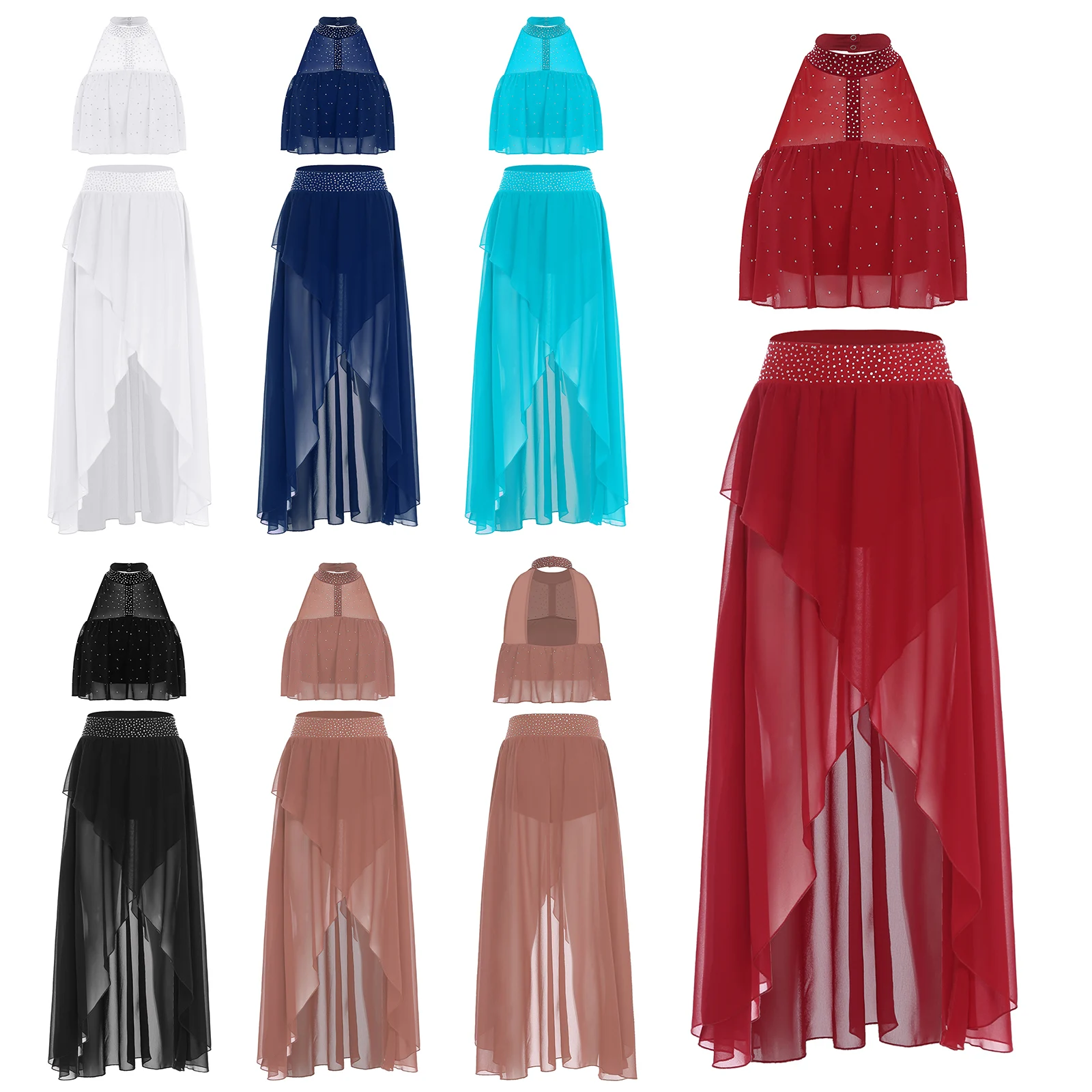Set lirico da balletto da donna Abbigliamento da ballo moderno e contemporaneo Canotte con strass senza schienale e gonna asimmetrica in chiffon