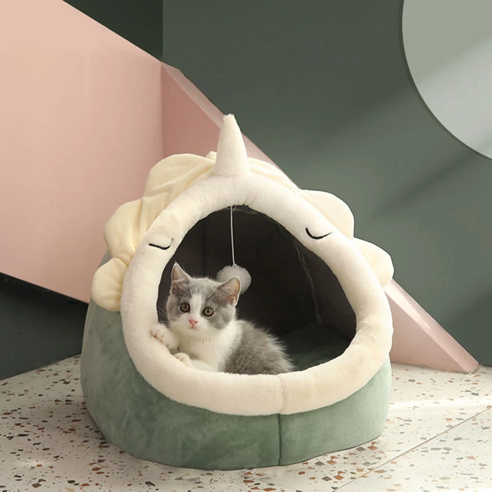 Cat Bed Cave with Removable Washable Cushioned Pillow Mat ang Hanging Ball Toy Soft Plush Cotton Pet Bed Non-Slip Cat House Tent