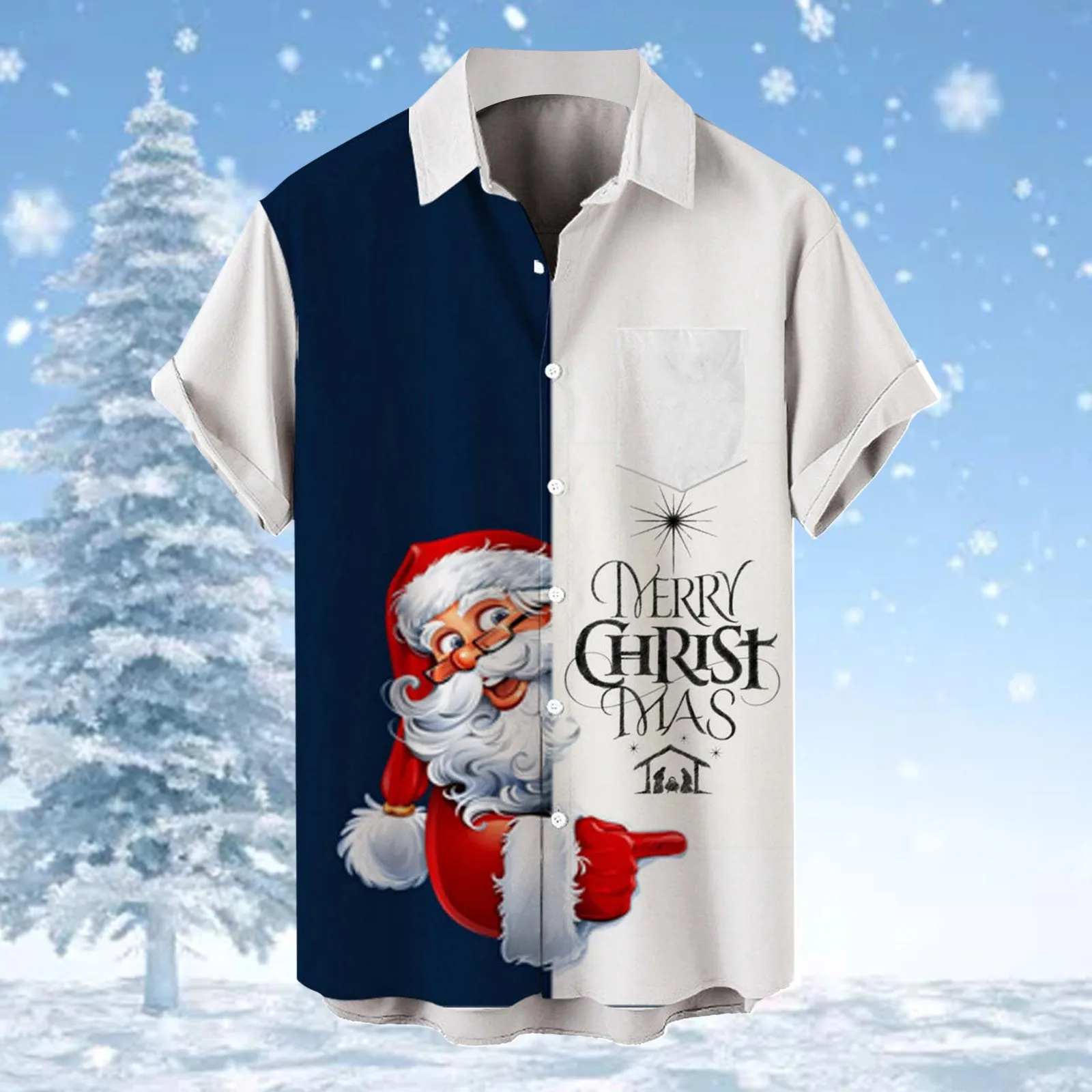 

Men Christmas Shirts Patchwork Cartoon Santa Claus Printed Turn Down Collar Short Sleeve Blouse Harajuku Loose Casual Shirt Male