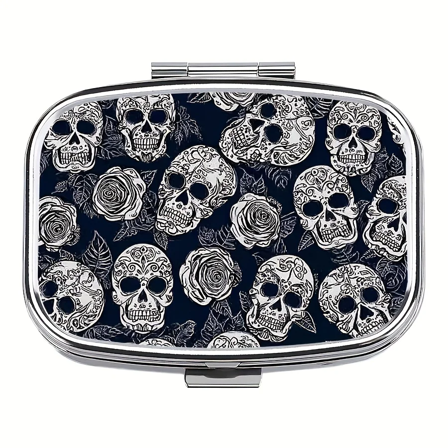 1PCS, Skull Art Pill Box for Personal Medicine Storage - Decorative Metal Portable Pill Box with 2 Compartments - Travel Pill Box of Various Sizes, Unique Gift