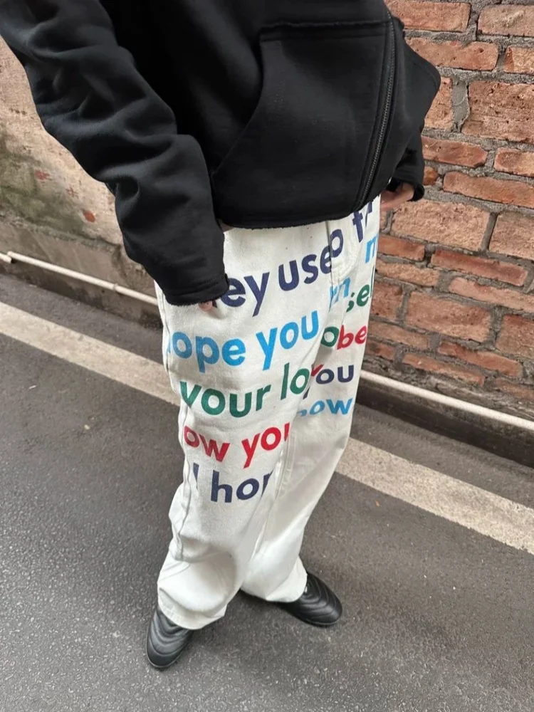 2026 American Retro Y2K Style Letter Printed White Baggy Jeans Pants For Men Clothing Straight Streetwear Cotton Long Trousers