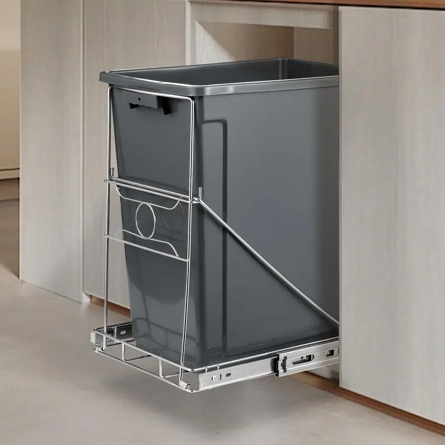 

Out Trash Can, Stainless Steel Kitchen Adjustable Trash Slide Out Shelf, Cabinet Trash Can Pull Out Kit, Fit 711 Gallon BinSilve