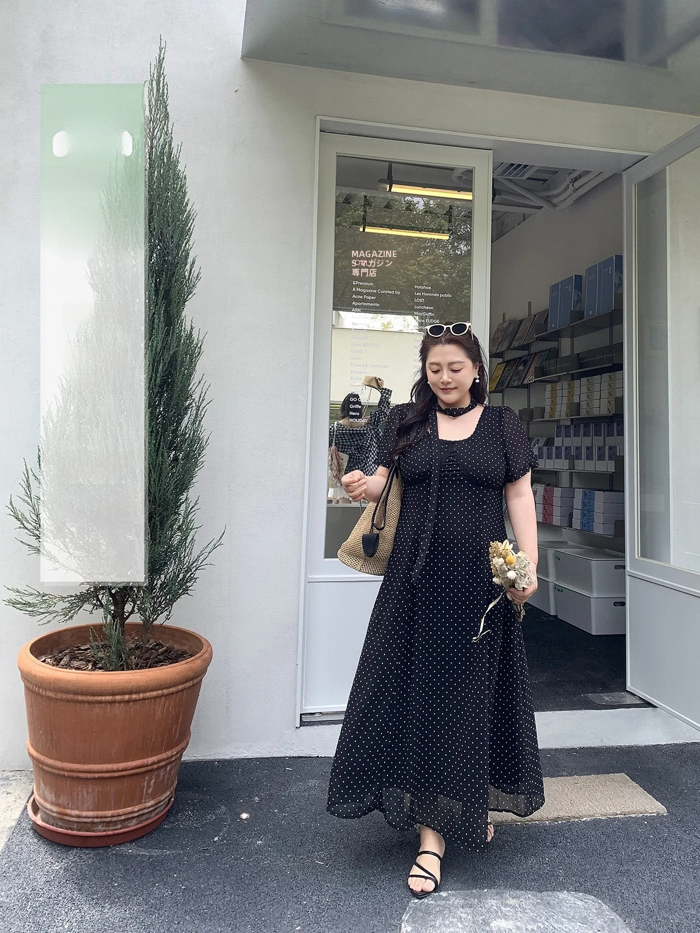 

Black Polka Dot Long A-Line Dress Slimming Waist Design Casual Style Spring New Arrival plus Size Women's Dress by DMRORO