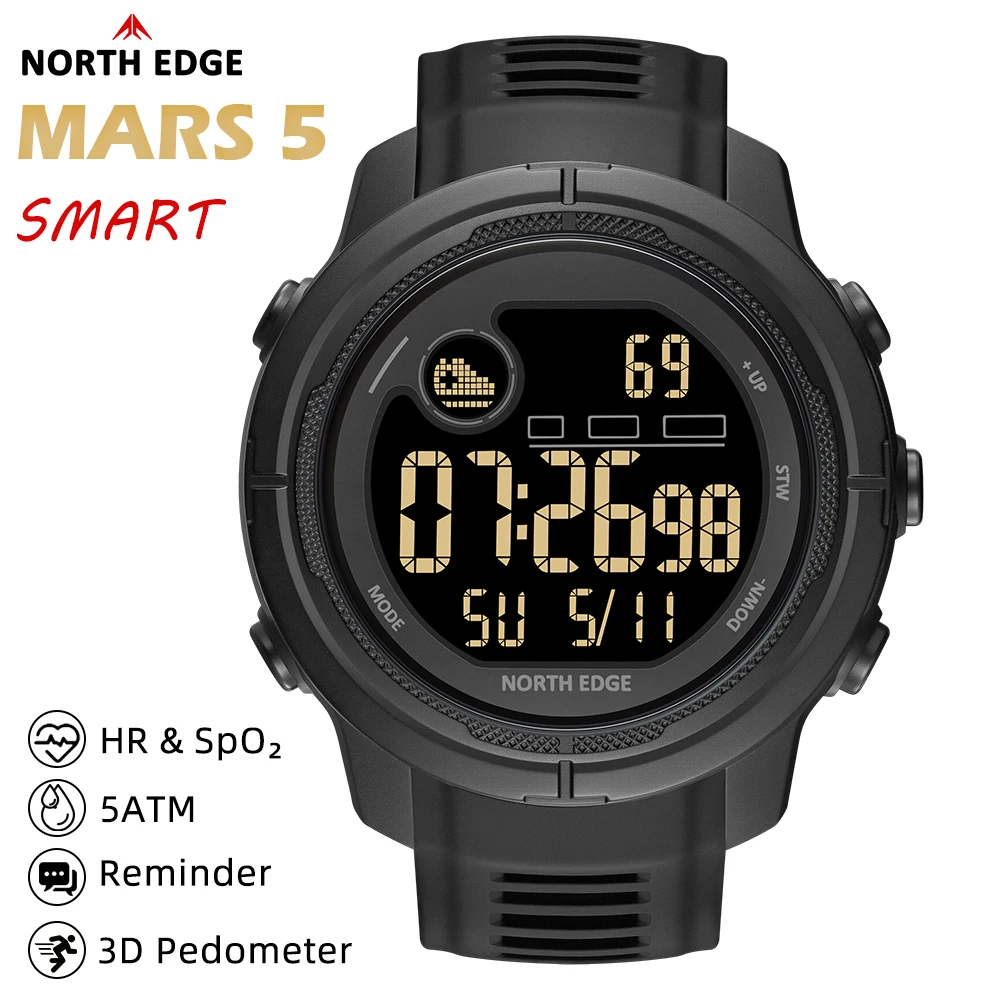 NORTH EDGE MARS 5 New Health Trackr Digital Watch SPO2+PPG Smartwatchs Men Digital Watch Heart Rate Monitoring Sleep 5ATM