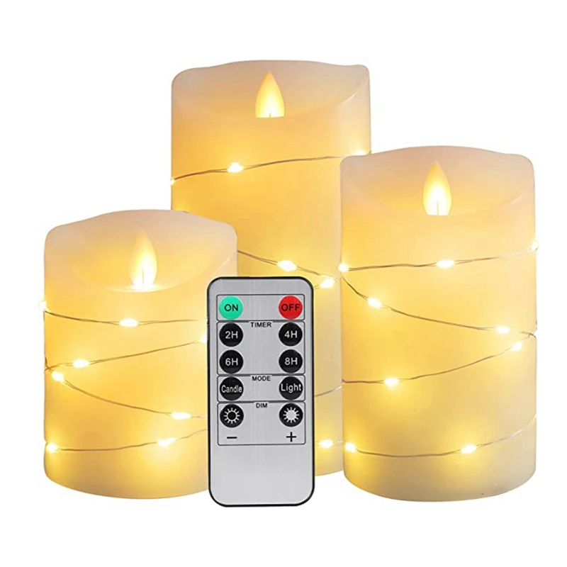 

3PCS Flameless Candle Remote Control Battery Powered With String Lights Flashing Flames Halloween Decoration