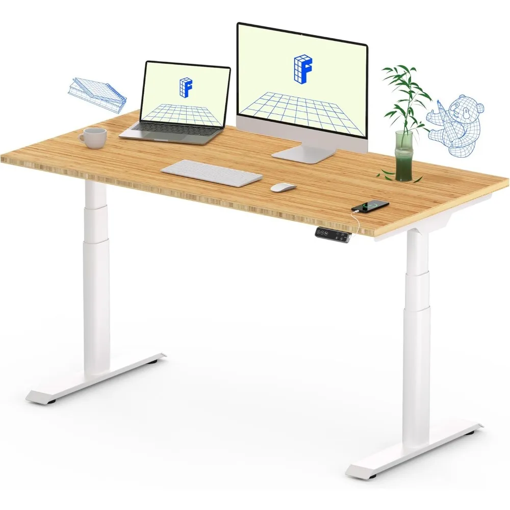 E8 Dual Motor 3 Stages Bamboo Electric Standing Desk 48x24 Inch Oval Leg Whole-Piece Board Height Adjustable, Computer Desks