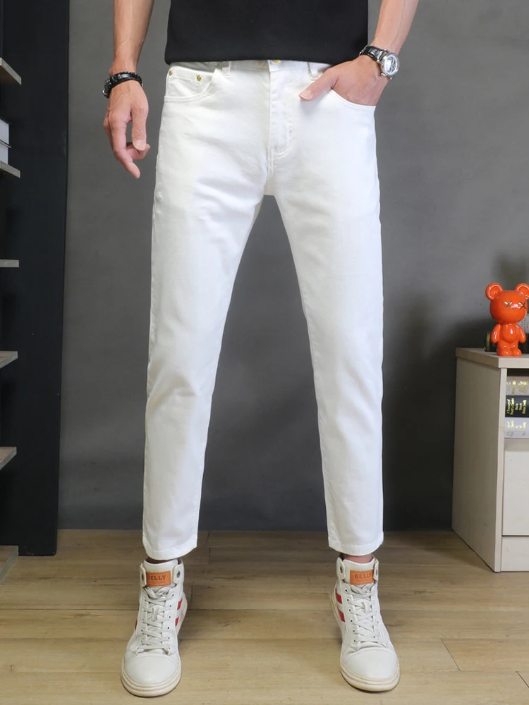 

2026 Summer New Arrival Men's White Denim Jeans High End Thin Stretch Slim Skinny Casual Fashion Trousers