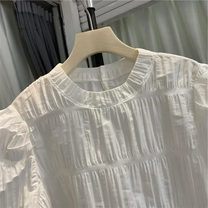 Neploe Vintage Sweet O-neck Ruched Shirts Women 2024 Summer New Chiffon White Blouses Y2k Puff Sleeve Loose Blusas Mujer