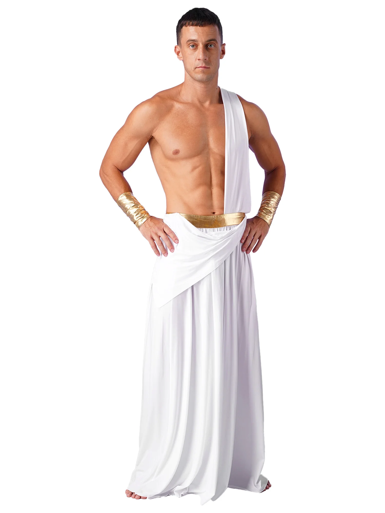 Mens Ancient Greek Roman Toga Long Skirt with Wristbands One Shoulder Strap Halloween Warrior Cosplay Costume Carnival Dress Up