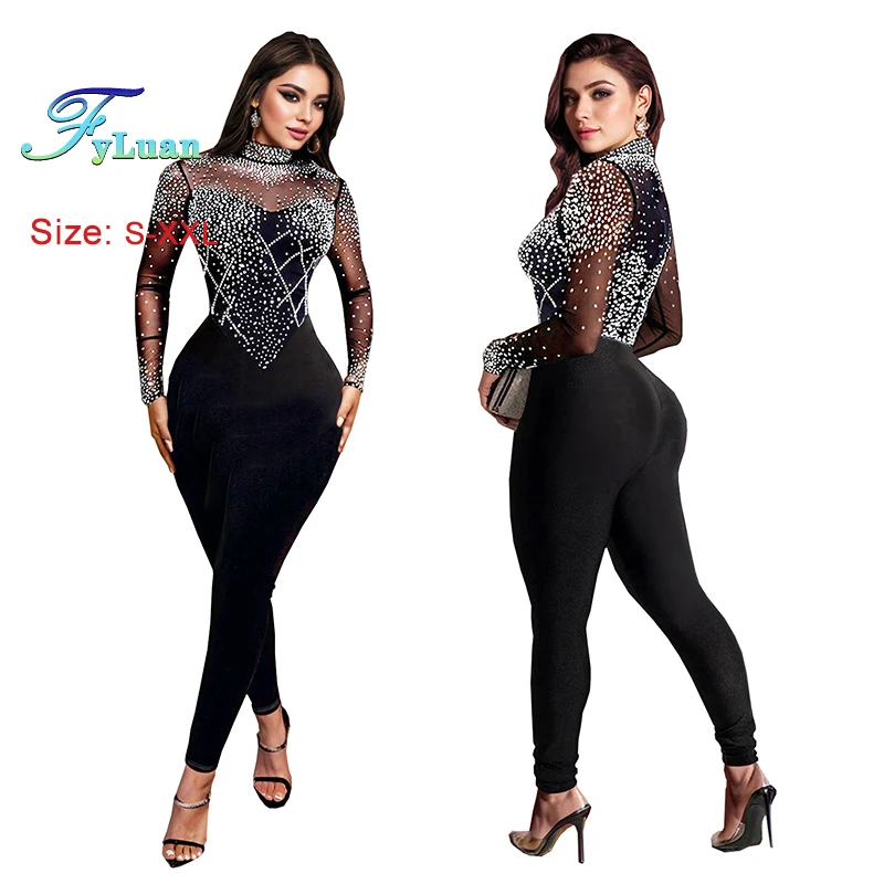 مجموعة شبكية شفافة مرصعة بالألماس بذلة نسائية بأكمام طويلة وسراويل ضيقة مرصعة بأحجار الراين وحفلات الكوكتيل والعطلات #3