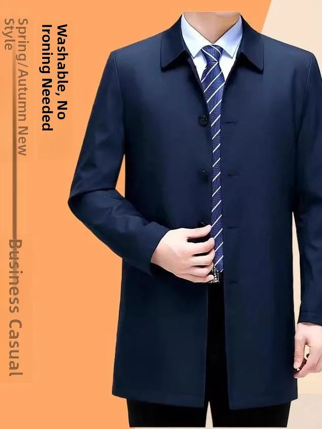 

Men's Slim Fit Mid-Length Jacket Luxury Spring Turn-down Collar Business Casual Pure Color Outerwear for Middle-aged And Young