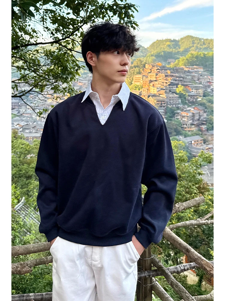 

American Retro Patchwork Long Sve irt College Sle Turn-down Collar Men's Sweatirt Autumn Cleanfit Youth Faion