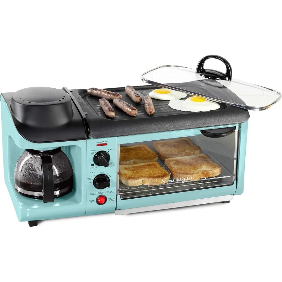 3-in-1 Breakfast Station with Coffee Maker Non-Stick Griddle and 4-Slice Toaster Oven - Versatile Breakfast Maker with Timer -