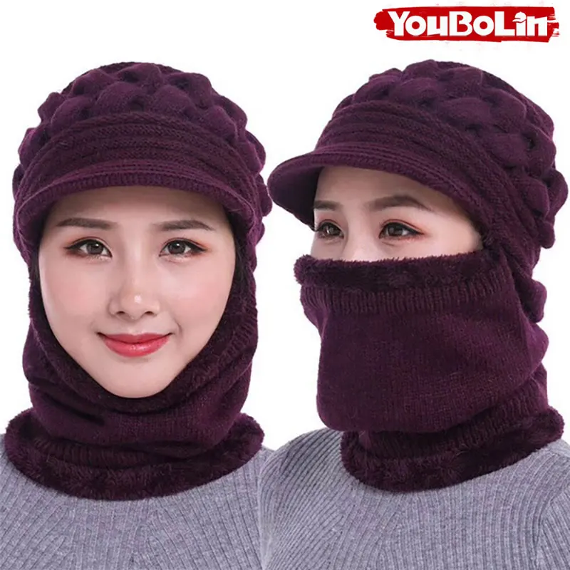 Mutter Weibliche Dame Winter Woolen Hüte Plus Samt Verdickung Warme Winddicht stricken Pelz Warme Mütze & Schal Set Gestrickte Schal Hüte