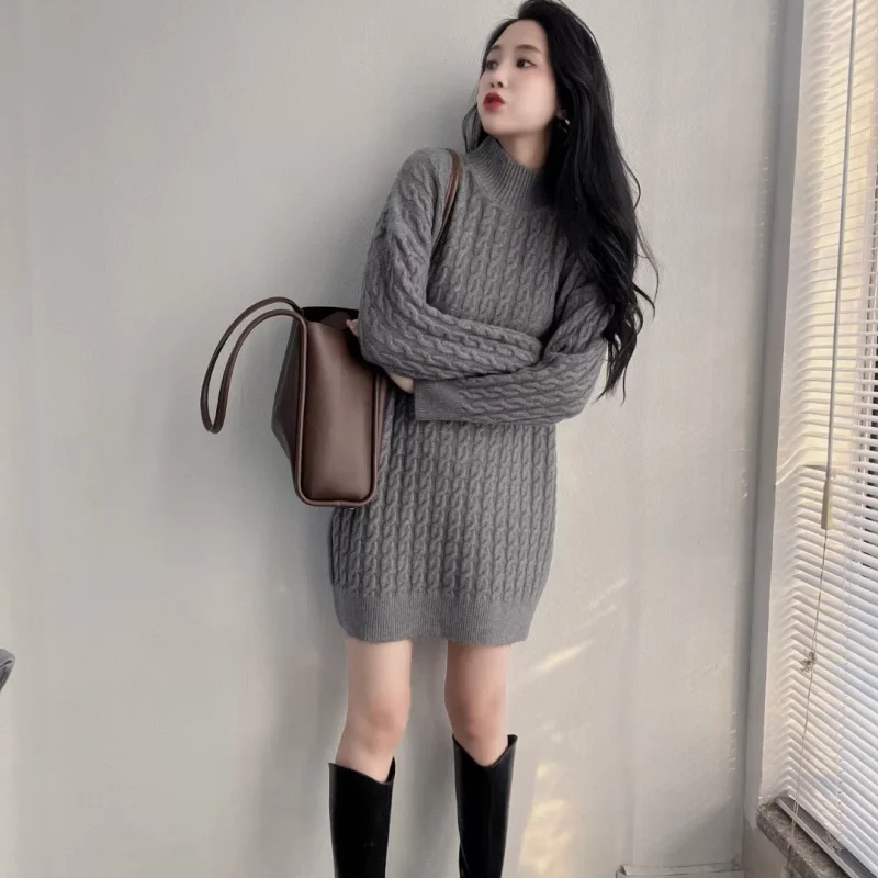 Medium Length Loose Fried Dough Twists Sweater for Women 2023 Autumn Winter Thickened Half High Collar Bottomed Knitting Skirt