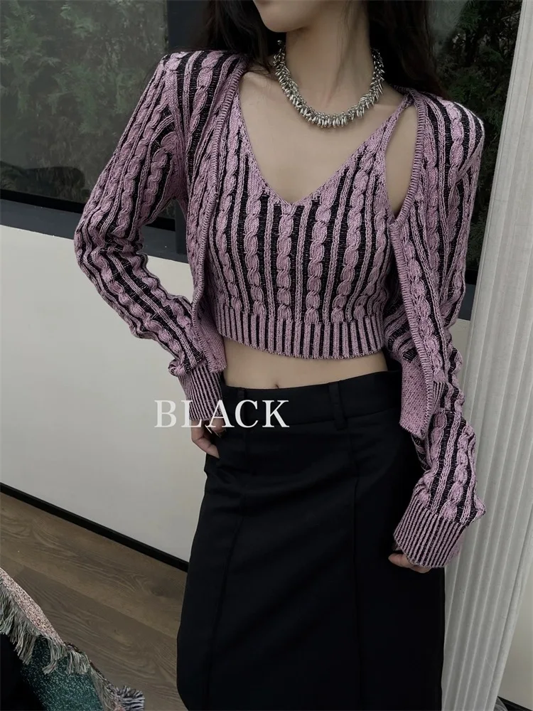 2024 Spring and Autumn New Sexy V-neck Strap Top+Short Long Sleeve Knitted Cardigan Fashion Style Set for Women