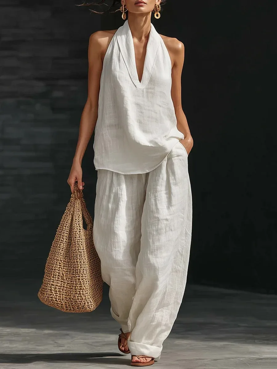 

Freeacy 2026 Summer Women's Solid Color Cotton-Linen 2 Piece Set Halter Neck V-Neck Sleeveless Top & Wide Leg Pants Outfit