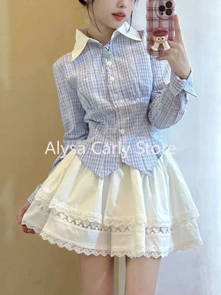 Japanese Kawaii Two Piece Set Women Autumn Plaid Blouse Lace Mini Skirt Sets Female Sweet Cute Chic Evening Party Skirt Set Y2k