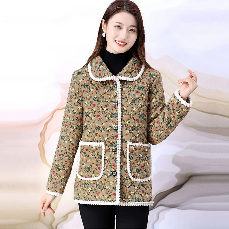 New Winter Cashmere Warm Padded Jacket Middle-Aged Women's Down Cotton Coat Printed Outerwear Casual Female Parker Overcoat 5XL