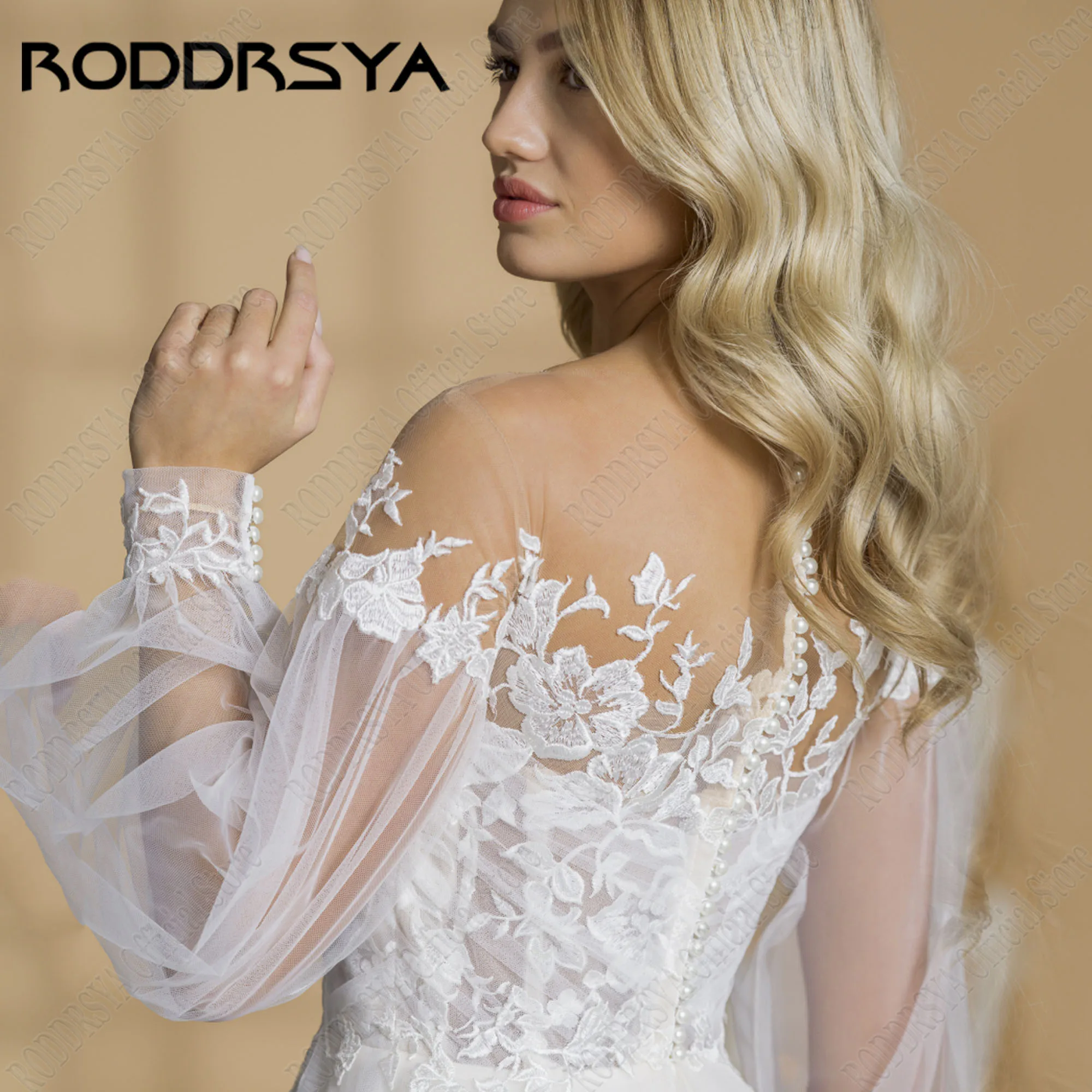 RODDRSYA-Vestidos De Novia De línea a con cuello redondo para mujer, mangas largas abullonadas, apliques De encaje, Vestidos De Novia hechos a medidaRoddrsya mujer letra a o vestido de novia de manga larga calcomanía d