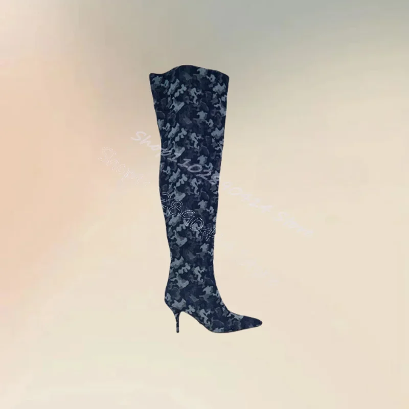 Blue Camouflage Design Pointed Toe Boots Side Zipper Women Shoes Thin High Heels Fashion Party Banquet 2024 Zapatos Para Mujere