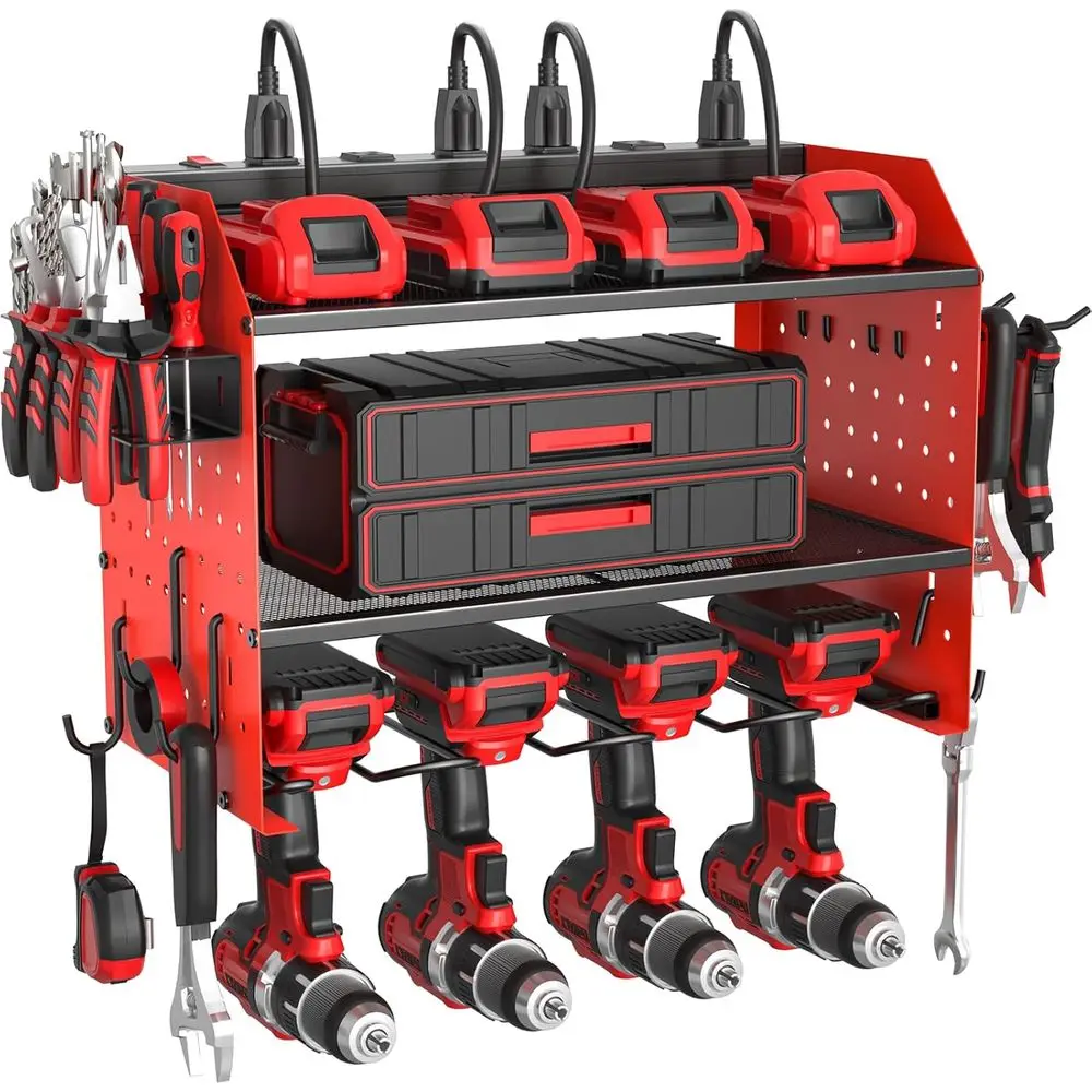 

Power Tool Organizer with Charging Station, Heavy Duty 3 Layer Drill Holder Wall Mount Garage Shelf Rack with 6 Outlet Power Str