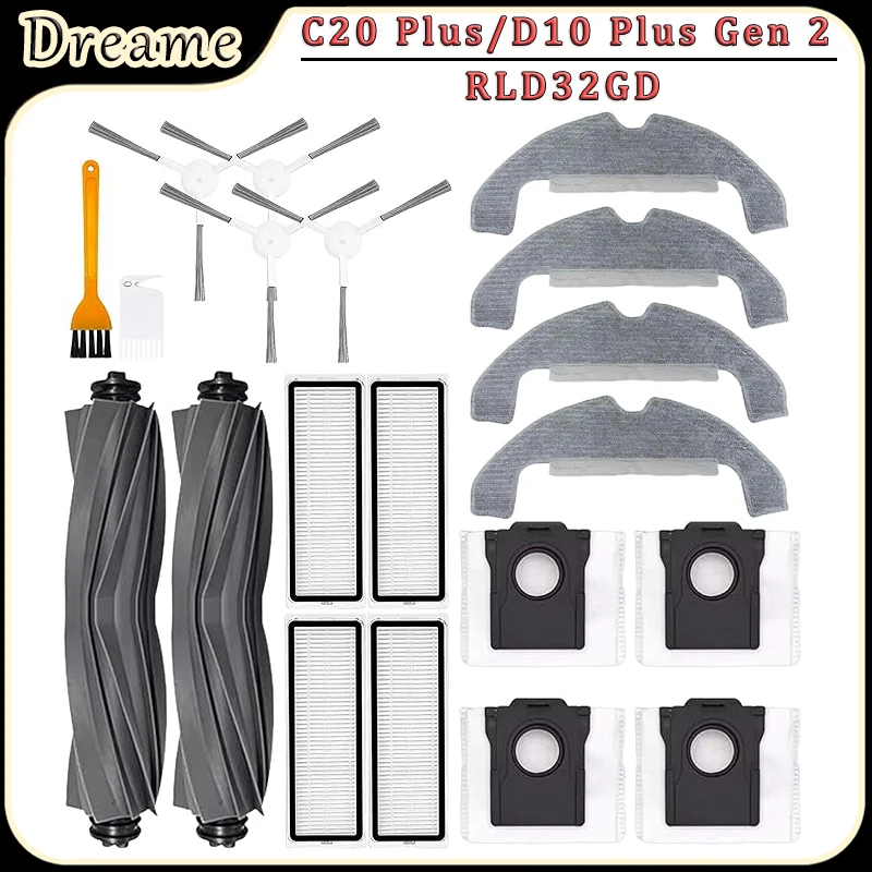 Accessoires pour aspirateur robot Dreame C20 Plus/D10 Plus Gen 2/RLD32GD : brosse principale, brosses latérales, filtres, chiffons de nettoyage, sacs à poussière, pièces de rechange