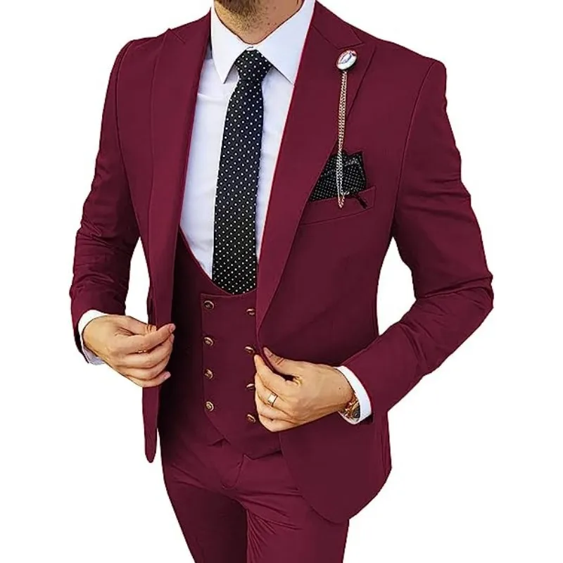 

Lansboter Burgundy Men Suit 3 Pieces Business Slim For Wedding Groom Prom Work Tuxedos Set Jacket Vest With Pants