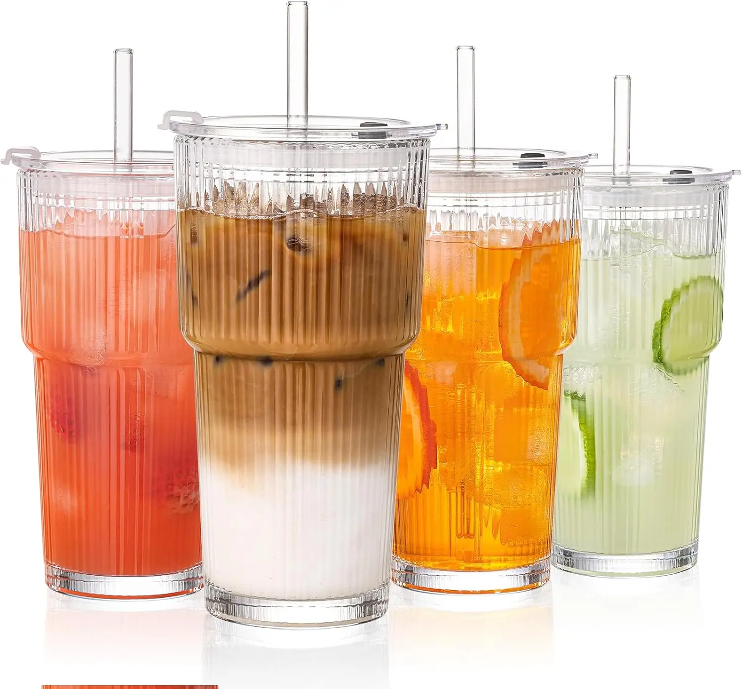 Juego de 1 vaso de vidrio acanalado de 20 oz con tapas y pajitas, resistente a derrames y apto para lavavajillas, perfecto para café helado y jugos