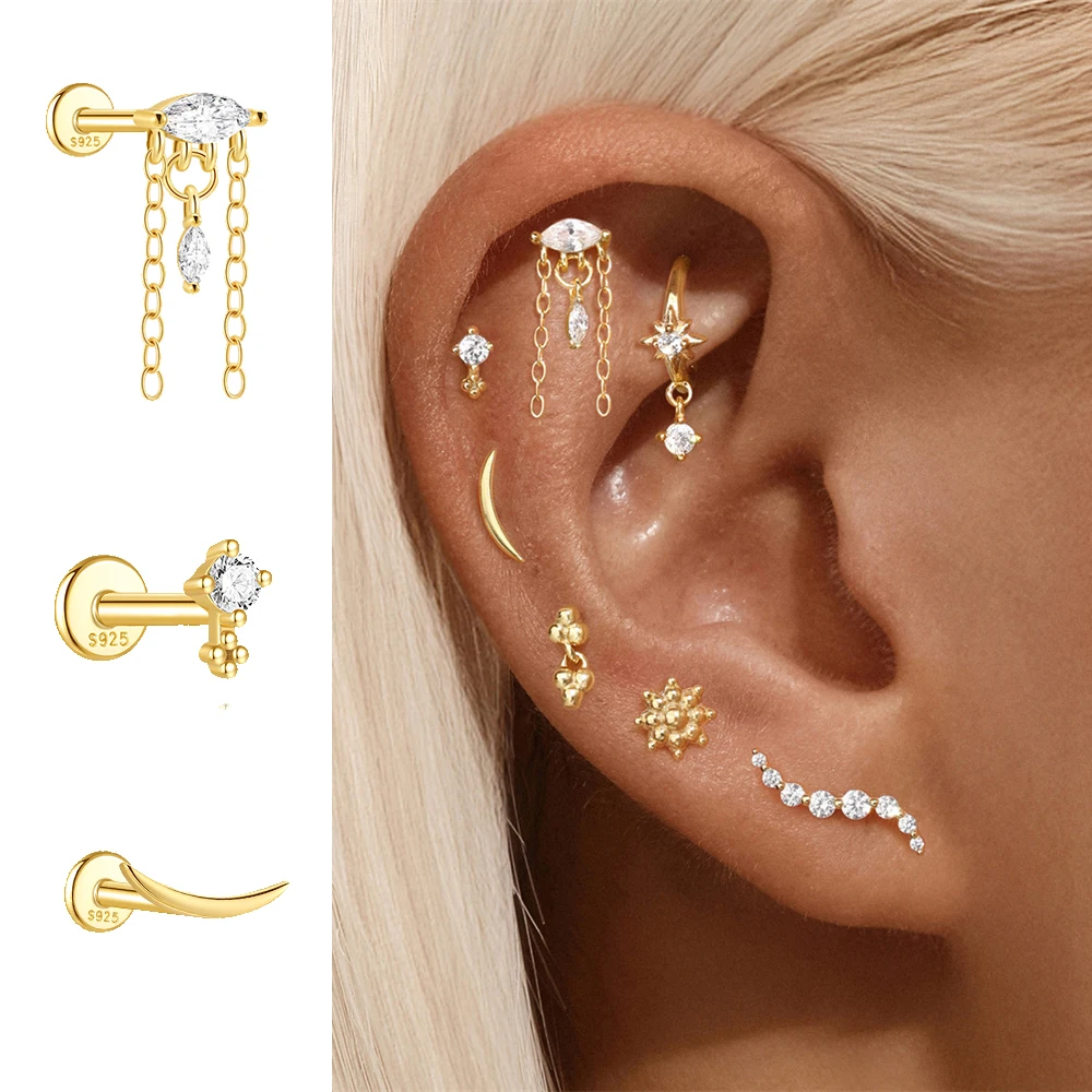 BOAKO 925 فضة كوريا شرابة/الهلال القمر قرط الاذن المرصع للمرأة 18K الذهب اللون شقة عودة ثقب القرط مجوهرات #2