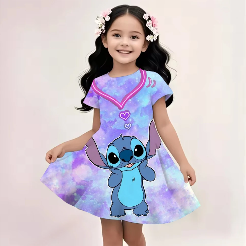 

4 -14 Girls Baby Girl Clothes Short Sleeves Disney Stitch Printed Dress - Adorable and Comfortable Outfit for 1 - 14Y Kids Girls
