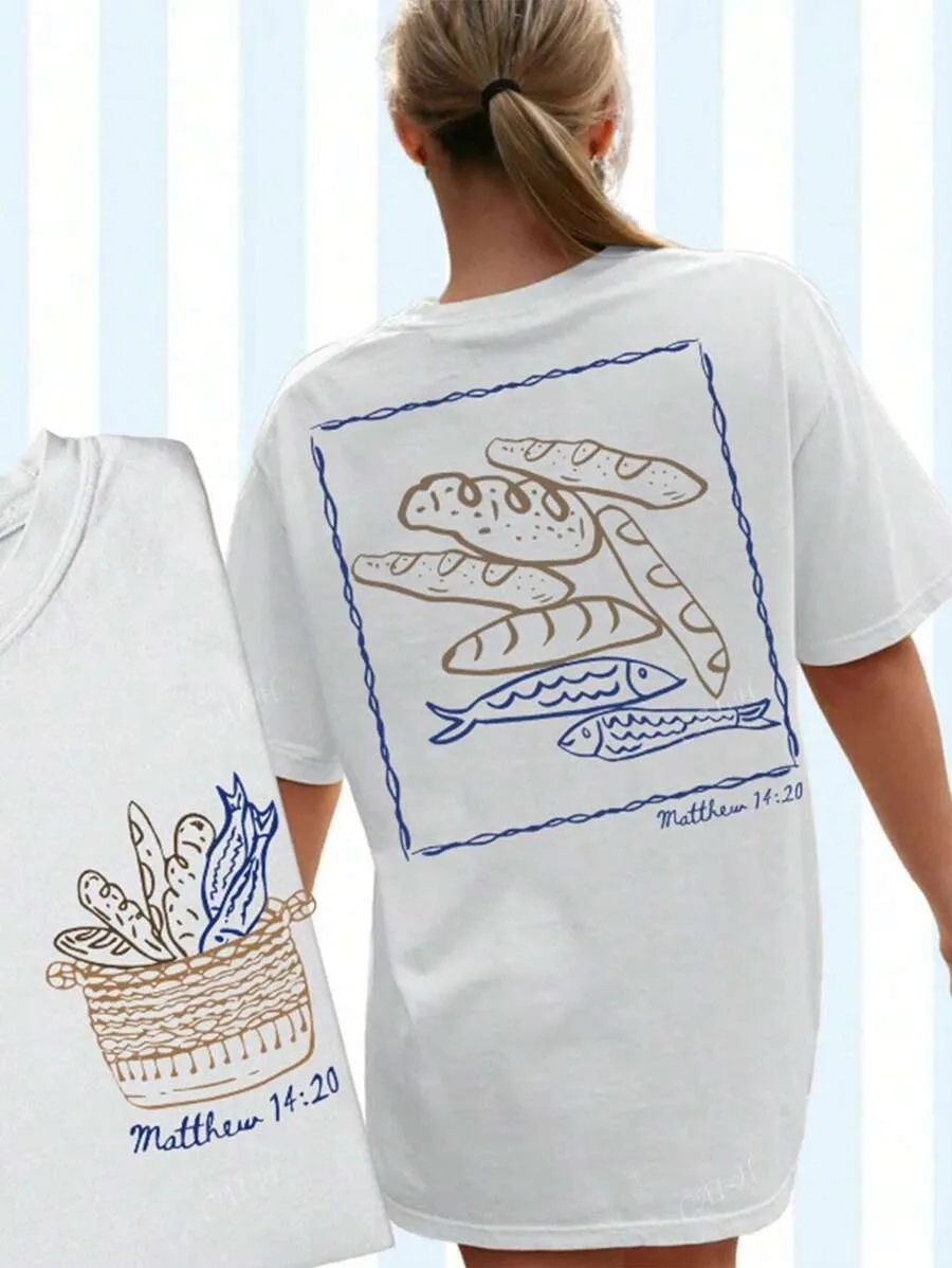 

Женская белая футболка больших размеров с принтами библейского хлеба и рыбы