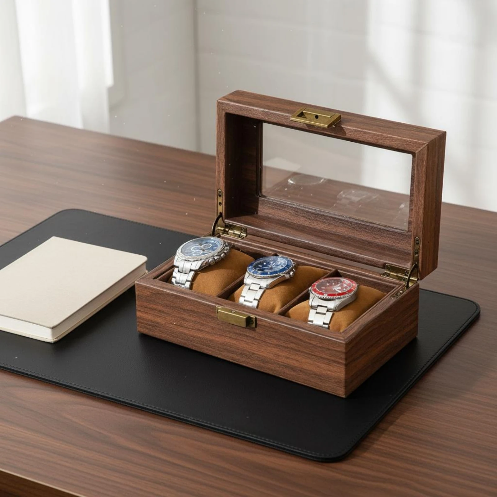 Glass Lid Watch Box Wood Grain Watch Display Box Brass Tone Divided Interior