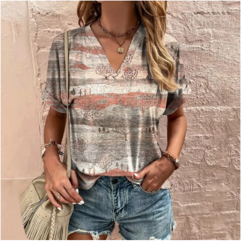 New womens retro style short sleeved top with V-neck commuting temperament summer women's elegant and comfortable casual T-shirt