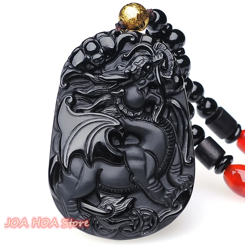 Bead Chain Real Natural Obsidian Hand-carved Flying Pixiu Pendant Crystal Necklace Men's Women's FENGSHUI Hewelry Fine Jewelry