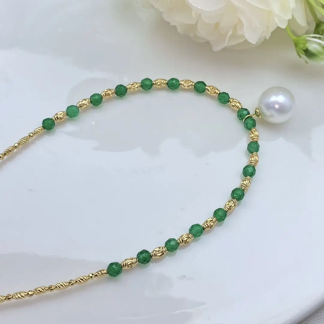 

MeiBaPJ 11mm Natural Nearround Pearl Fashion Green Agate Pendant Necklace 925 Sterling Silver Fine Wedding Jewelry for Women