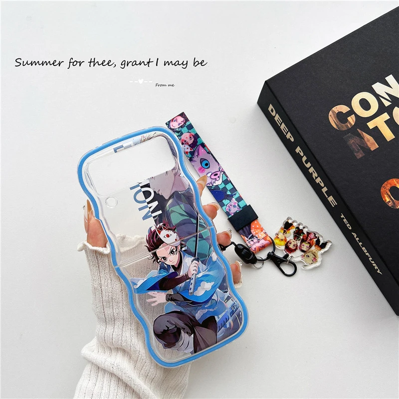 Cute Cartoon Japan Anime Demon Slayer Phone Case For Samsung Galaxy Z Flip 7 6 5 Hard TPU Cover For Z Flip 4 3 With lanyard