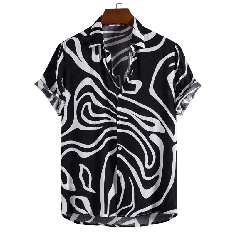 Camisa de praia havaiana masculina com impressão 3D, manga curta casual preto e branco, blusa extragrande de botão, moda verão