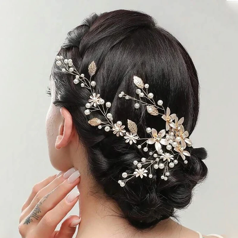 Latest Elegant Handmade Flower Headpieces Wedding Pearl Headpieces Bridal Jewelry Women's Hair Accessories Hairstyles (Gold)