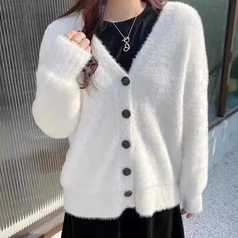 ay كسول Sle محبوك سترة المرأة Thiened الخريف الشتاء وهمية المنك V-ne سترة مفتوحة محبوك أعلى Faionable تخفيف #1