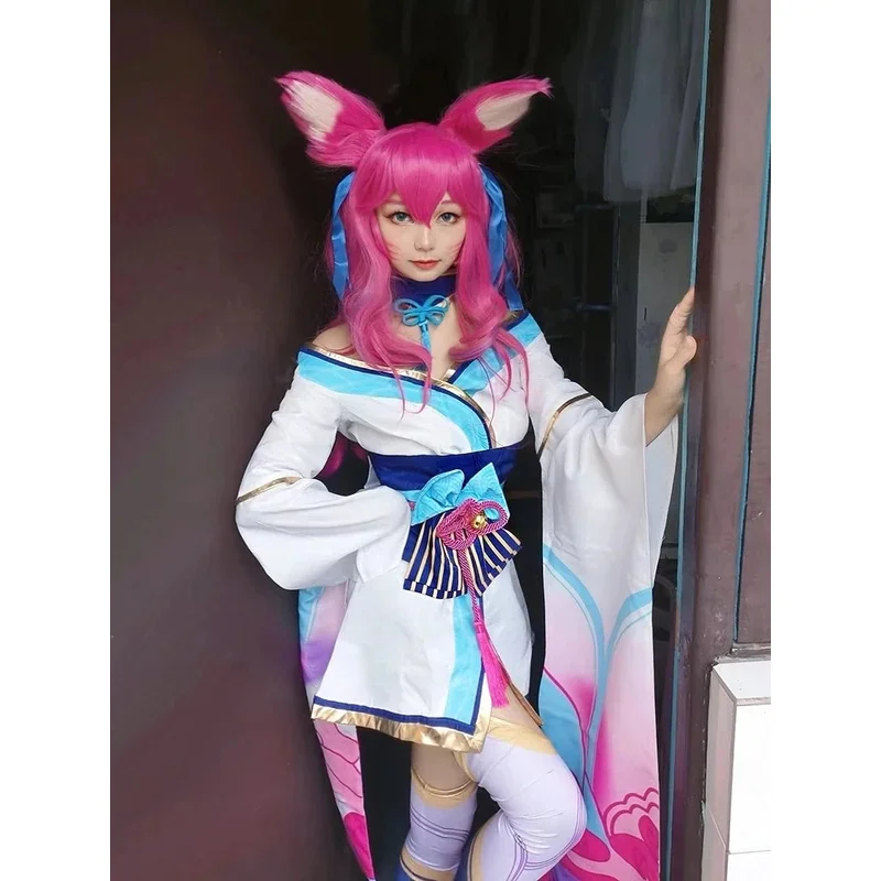 Ahri Cosplay disfraz Anime juego LOL Spirit Blossom vestido para mujer chica peluca fiesta de Halloween Sexy Kimono Suitv;6'h,8;r.