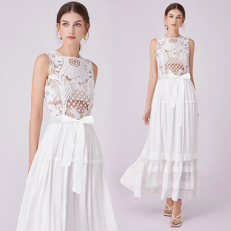 

Summer French Sleeveless Hollow Water Soluble Lace Splicing Sundress White Lady Long Dress with Strap Women Clothing 2024